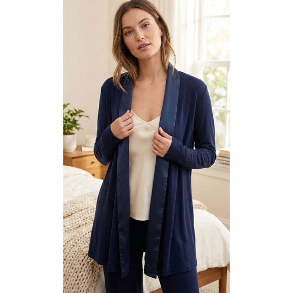 P.J.  HARLOW Shelby‎ Knit Cardigan With Satin Trim Blue XL